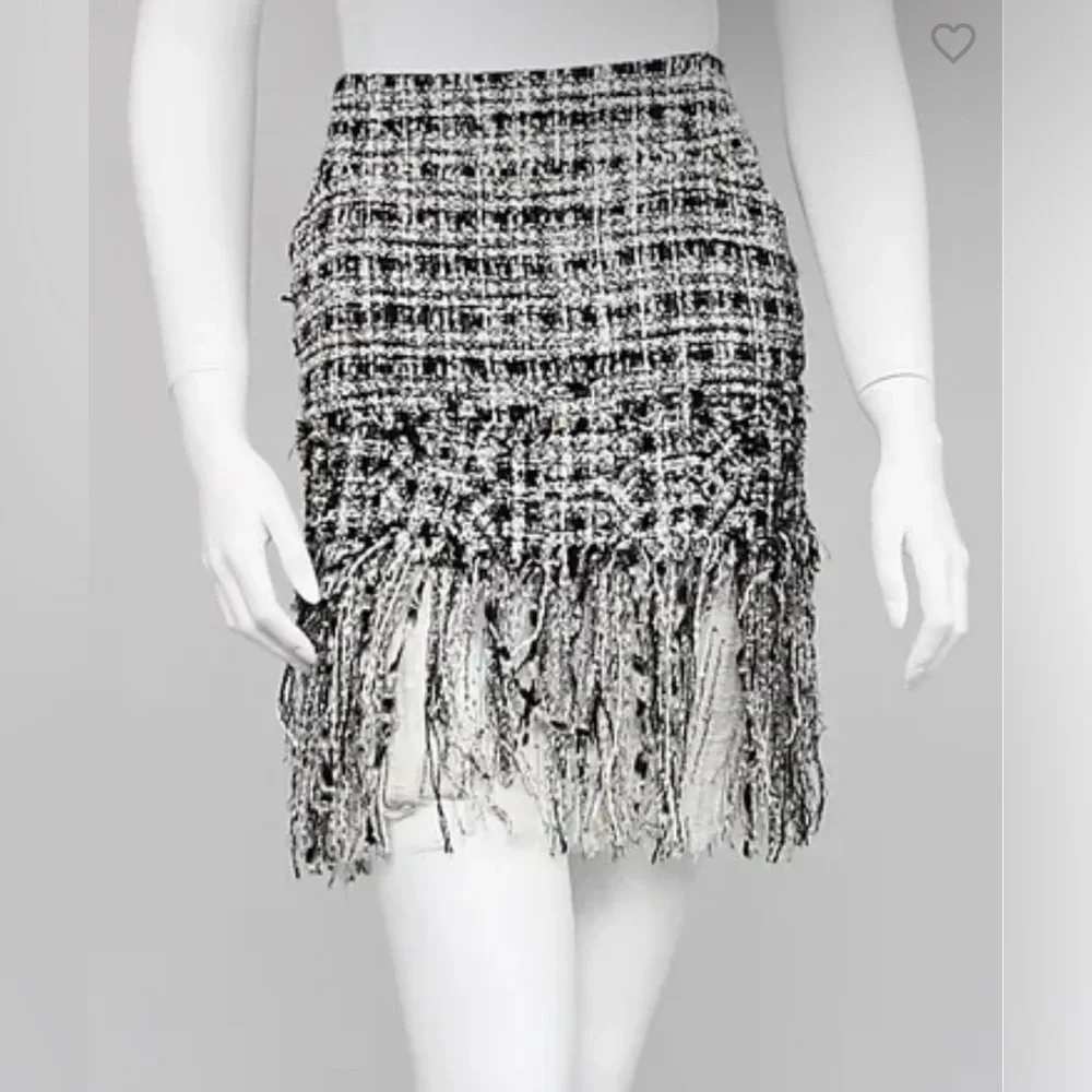 CHANEL Black and White Tweed Fringe and silk chiffon Mini Skirt 40 NO OFFERS